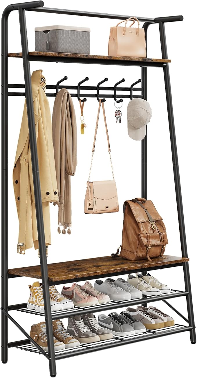 Multi-Functional Hall Tree Coat Rack with Bench & Shoe Storage – Freestanding Metal Frame, 5 Hooks, Clothes Rail – Ideal for Entryway, Hallway, Mudroom – Rustic Brown – 100 Single Row Hooks