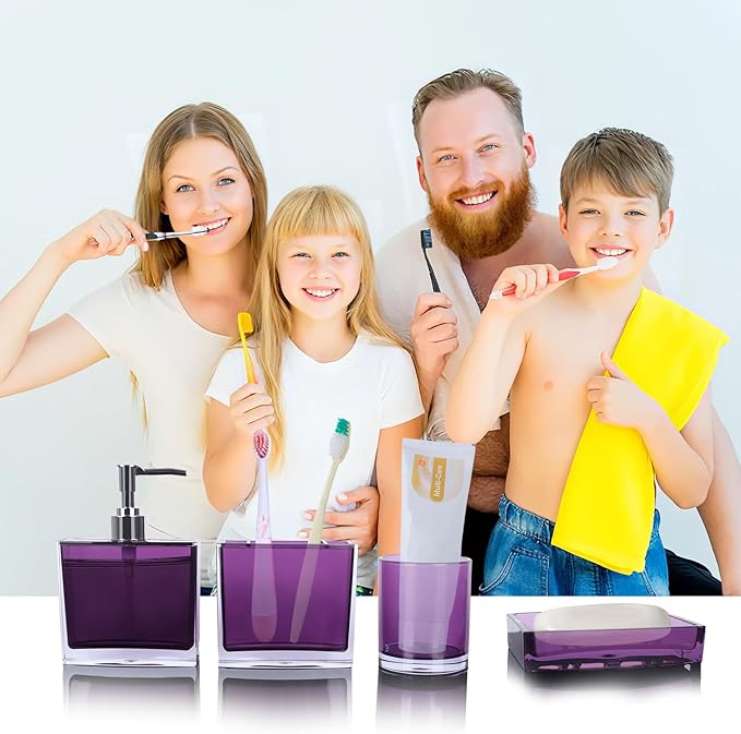 4-Piece Classic Purple Acrylic Bathroom Accessory Set — Soap Dispenser, Toothbrush Holder, Soap Dish & Mouthwash Cup, Vanity Countertop Organizer for Purple Bathroom Decor
