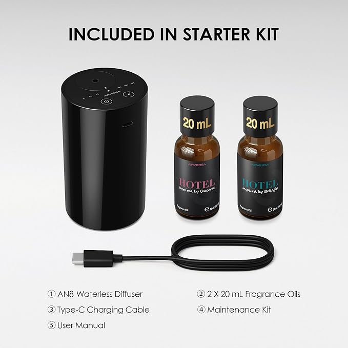 Airversa Waterless Essential Oil Diffuser Starter Kit with 2x20mL Hotel Fragrance Oils, Cordless Nebulizer for Car Home Office, Up to 600 sq ft, Mist/Timer Settings, Baterry Operated, AN8Kit-B, Black