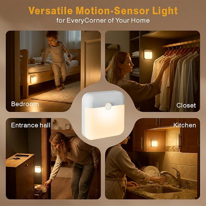 4 Pack Motion Sensor Light Indoor, Rechargeable Night Light, 60LM, 2-Modes, Stick-on Battery Operated LED Sensor Light for Stairway, Hallway, Kitchen, Closet, Bedroom