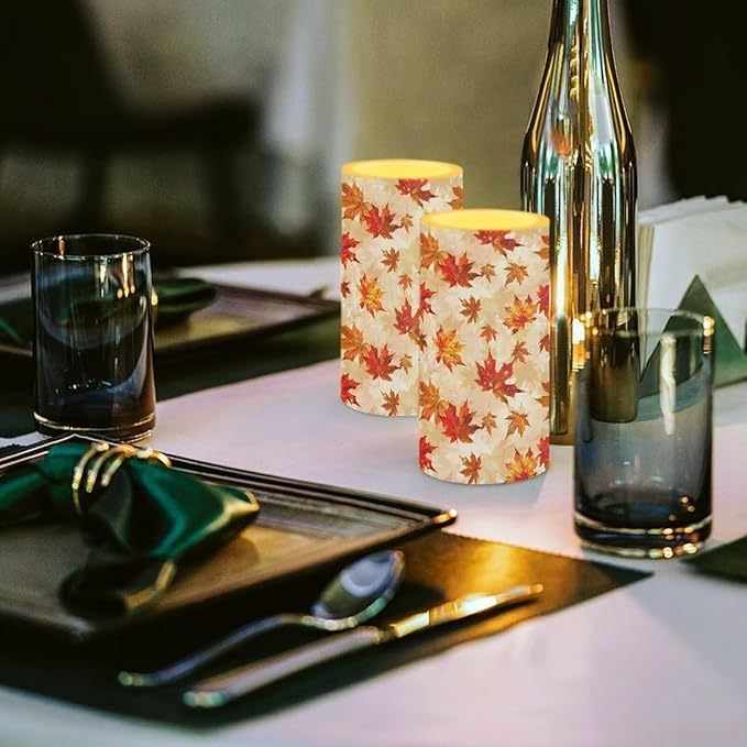 Maple Leaf Decorative Fall Candles for Home Decor Flameless Candles with Remote and Timer LED Candles Flickering Battery Operated Fake Candle for Thanksgiving Holiday Party Room Table Decor