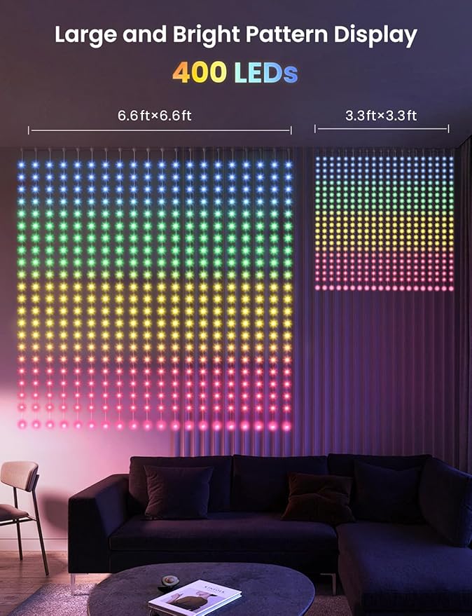 Smart LED Curtain Lights, 400 LEDs RGB+IC Color Changing Wall Lights, 6.6x6.6ft Indoor Dynamic DIY Pattern LED String Lights, APP Remote Control, For Bedroom, Living Room, Window Decor, Party, Wedding