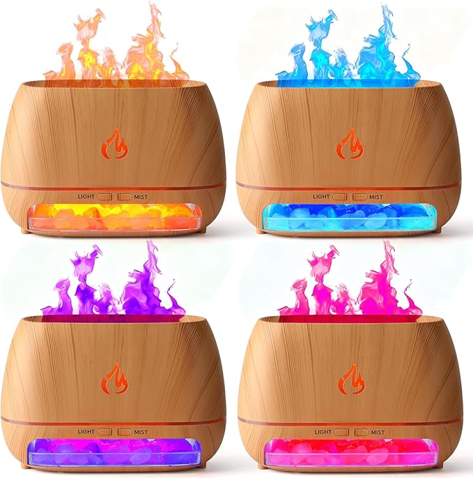 4 Pack Flame Diffuser Essential Oil Diffuser with Cool Mist Himalayan Salt Lamp 7 Colors LED Light 200ml Ultrasonic Aroma Diffusers for Bedroom Office Spa Yoga Room Gift,Wooden Grain