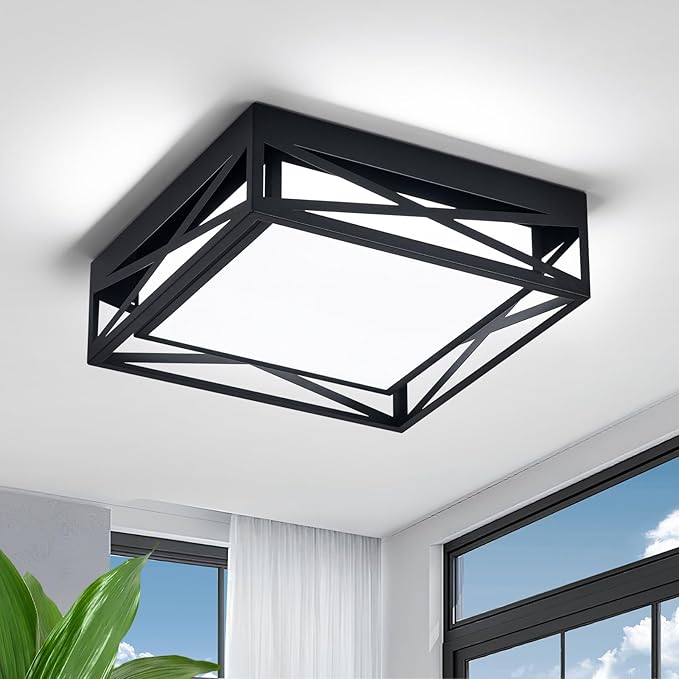 Modern LED Ceiling Light Fixture, 6000K Square LED Flush Mount Hallway Light Fixtures, Farmhouse Black Close to Ceiling Light for Hallway Bedroom Balcony Porch Stairway(Square, 12.6INCH)