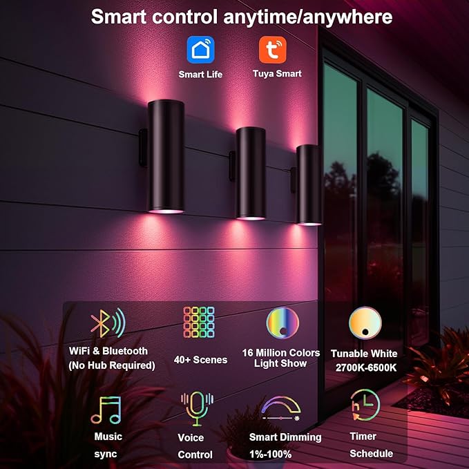 Smart Wall Lights, Modern Up and Down Outdoor Lights, Cool White and Warm White RGB Color Changing Wall Lighting IP65, Smart Wall Sconces GU10 Exterior Light Fixture(4 Pack)