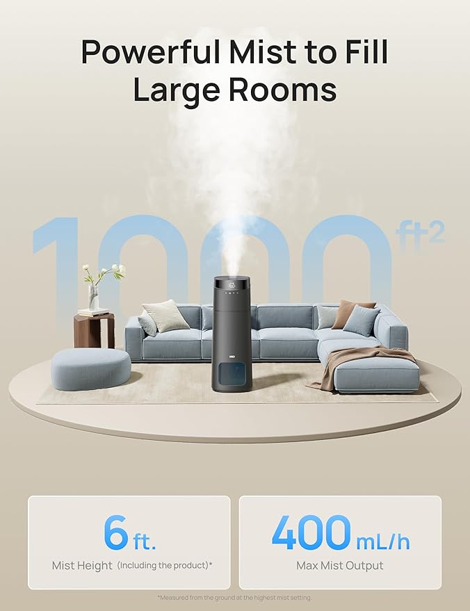 DREO 16L Smart Humidifier Large Room 1000 ft², 130H Cool Mist Air Humidifiers for Bedroom Plants Baby, Top Fill, Remote/Touch/Voice & APP Control, Clean Tank Technology, 30dB, HM755S Grey