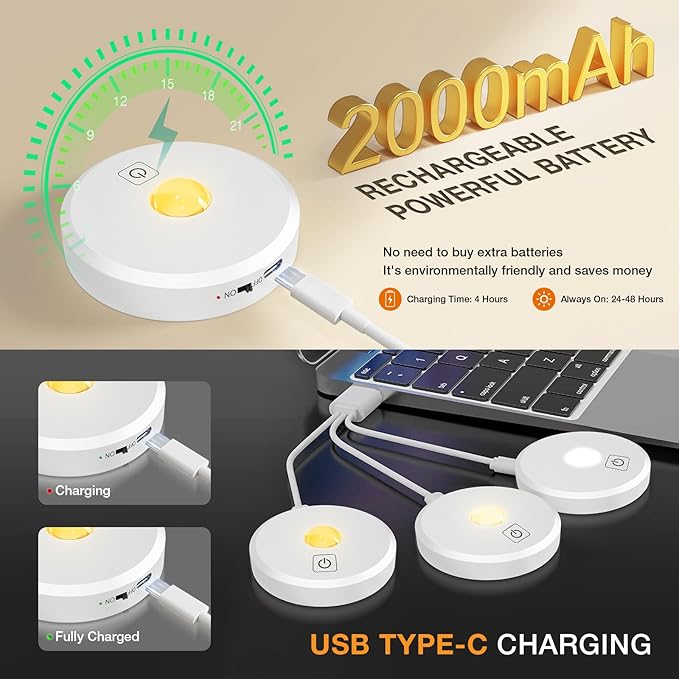Puck Lights with Remote Control Rechargeable,Wireless Under Cabinet Lighting,2000mAh Battery Operated Tap Push Touch Light,Stick On Lights for Counter,Shelf,Bookcase (White, 5 Pcs)