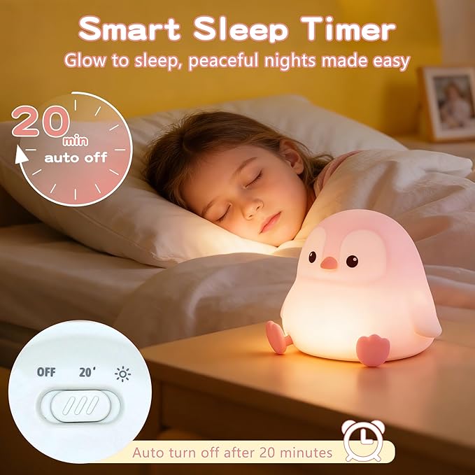 Penguin Night Light for Kids,Cute Pink Penguin Lamp,Soft Silicone Nursery Night Light,LED Squishy Novelty Animal Bedside Lamp,Rechargeable/Dimmable/Timer,Room Deco,Christmas Gifts for Mom Girls Baby