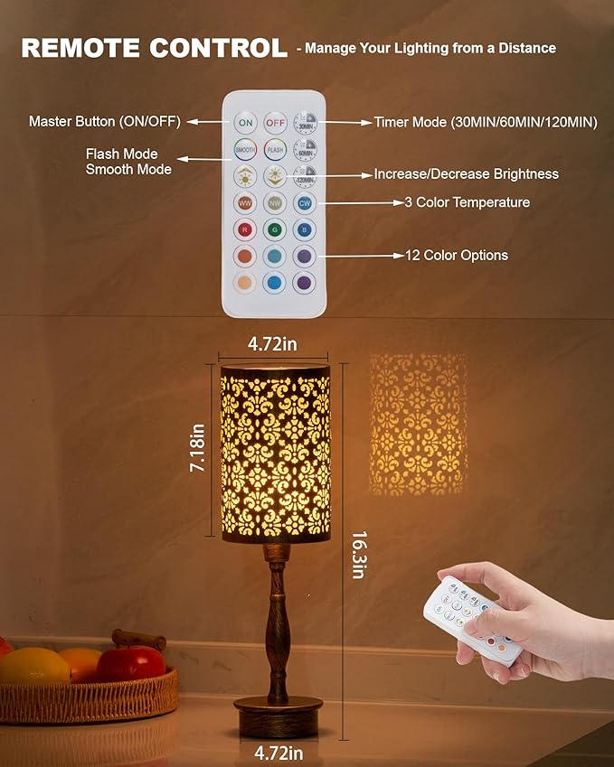 UMEXUS Rechargeable Cordless Table Lamp with Remote, Timer & Dimmer & RGB, Battery Operated, Small Touch Bedside Night Lights, Antique Ambient Lighting for Patio Dining Bedroom Living Room Table
