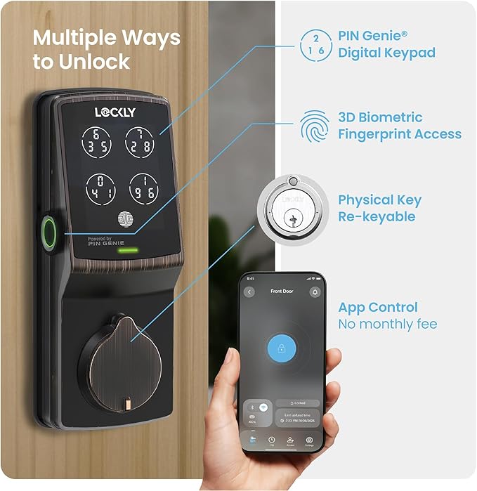Lockly Secure Pro Wi-Fi Smart Door Lock, Keyless Entry with PIN Genie® Digital Keypad, 3D Biometric Fingerprint Sensor Front Door Lock Deadbolt, Voice Control & Auto Lock - Left Fingerprint Edition