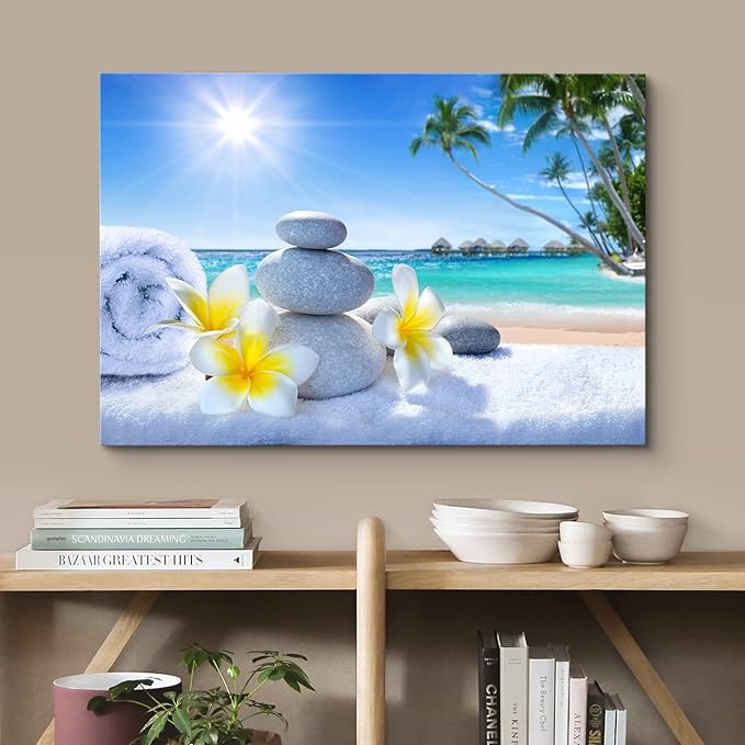 wall26 Canvas Print Wall Art White Massage Stones on Vibrant Beach Nature Floral Photography Realism Tropical Landscape Colorful Multicolor for Living Room, Bedroom, Office - 24"x36"