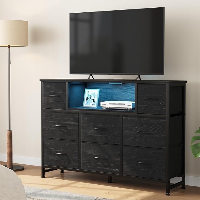 DUMOS TV Stand Dresser with 8 Fabric Drawers and Open Shelves, LED Entertainment Center with Charging Station, Wood Top Media Console for 45-55 inch, Bedroom, Woodgrain Black