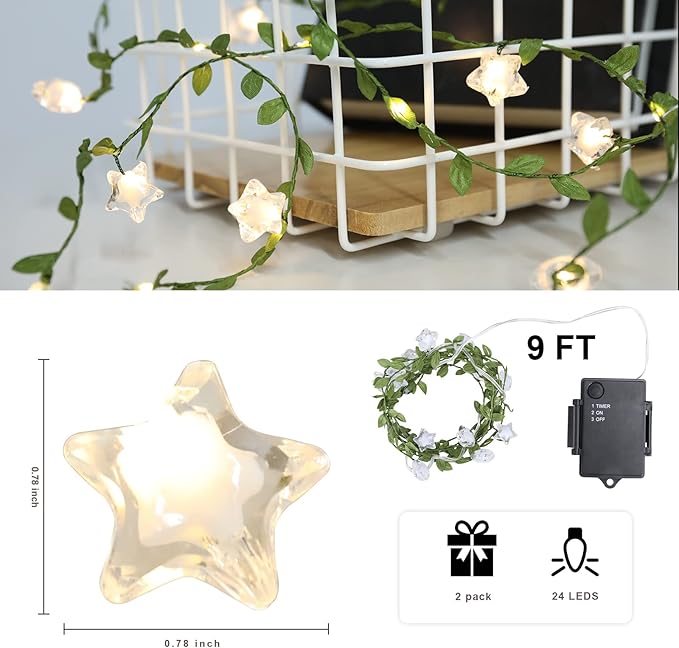 Vigdur 2 Packs Vine String Lights - Tiny Leaf Ivy String Lights with 48 Star Lights Battery Powered Waterproof Fairy Light Indoor Outdoor for Bedroom Party Garden Wall Décor St. Patrick's Day