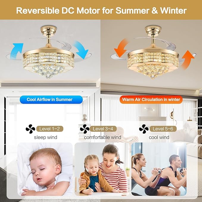 48" RGB Bluetooth Fandelier Ceiling Fan, Crystal LED Chandelier, Retractable Blades 6-Speed Music Player Remote APP Control for Bedroom Glod