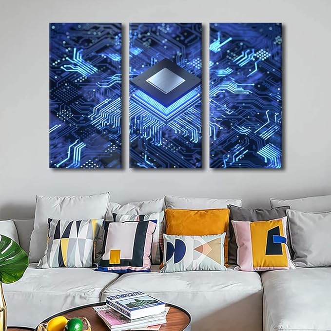 Circuit Board Pictures for Living Room Smart Chip Canvas Wall Art House Decor Computer Chip Modern Office Wall Decor Framed CPU Concept Large 3 Panel Wall Art for Home Bedroom Ready to Hang(40"Wx60"H)