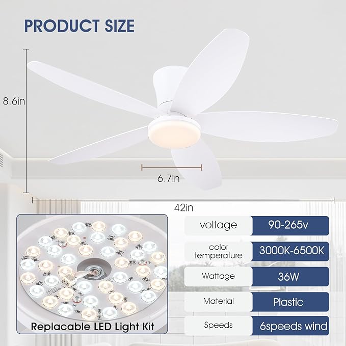 42" Ceiling Fans with Lights-Low Profile Ceiling Fan with Light and Remote/APP Control,Flush Mount,DC Reversible,LED Dimmable Modern Ceiling Fans for Bedroom,Indoor/Outdoor Patio Use(White)