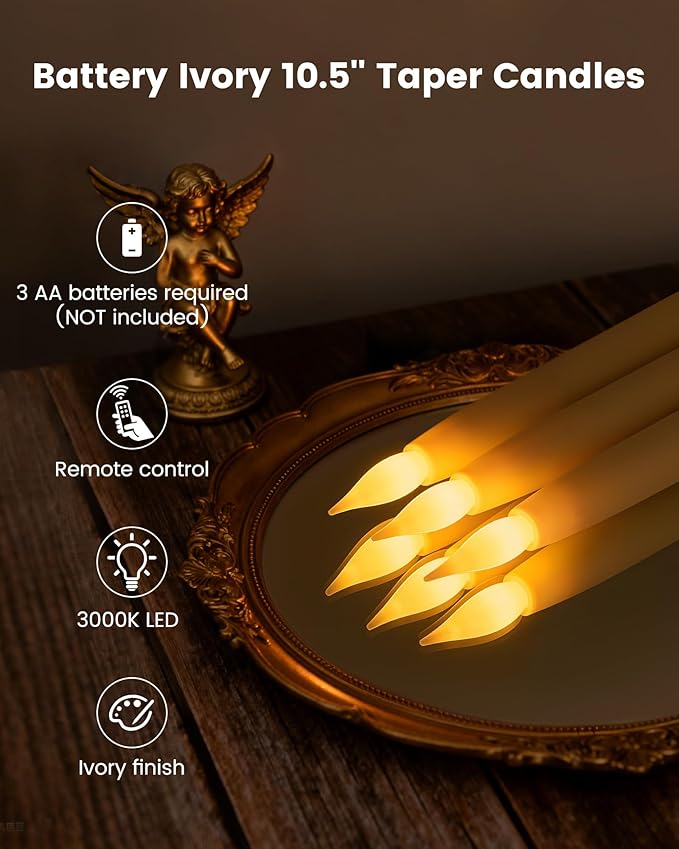 SURAIELEC 10.5'' Flameless Ivory Taper Candles, Battery Operated Candle with Remote, Timer, 3000K Warm White, LED Candle for Party, Christmas Decoration, 6 Pack (Rechargeable Battery Not Compatible)