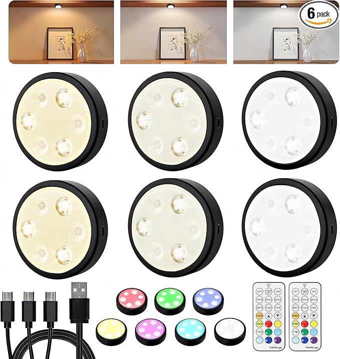HOLKPOILOT Puck Lights with Remote, Under Cabinet Lights,2000mAh Battery Operated Closet Lights, Magnetic Under Cabinet Lighting Wireless, 3 Color Temps &7 RGB Colors, Black Rechargeable Puck Lights.