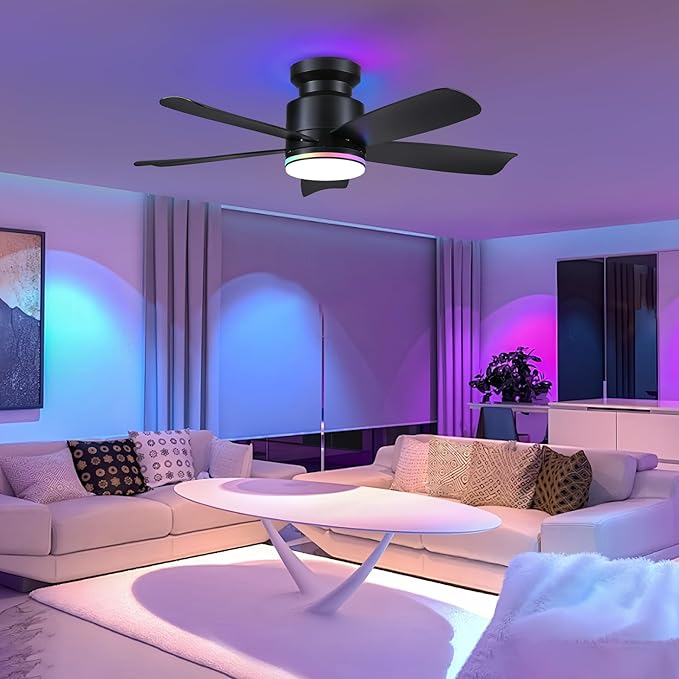 Ceiling Fans with Lights and Remote/APP Control, 41 inch Low Profile Ceiling Fan, 3 CCT LED Dimmable White Lights + RGB Ring Lights, 5 Reversible Plastic Blades 6 Speeds for Kidsroom, Black