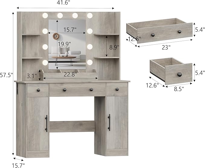 Makeup Vanity Desk with Mirror and Lights, 43" Grey Vanity Set with 3 Drawers, Power Outlet & Adjustable RGB LED Lights, Dressing Table with Storage Shelf for Women & Girls Bedroom