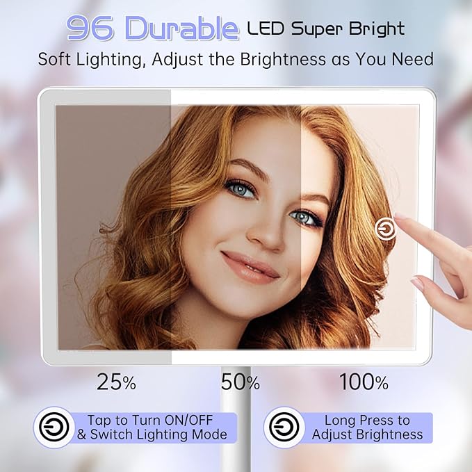 FUNTOUCH Large Makeup Vanity Mirror with Lights, Rechargeable Lighted Desk Makeup Mirror with 96 LED Lights and 10x Magnifying Mirror, 3 Color Lighting, Light up Make up Mirror with Phone Holder