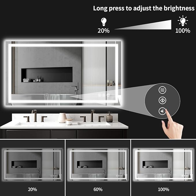 36"x48" LED Bathroom Mirror with Lights, Dimmable，Anti-Fog，Bathroom Vanity Mirror for Wall, Backlit + Front Lit, Memory Function, Shatter-Proof，Tempered Glass