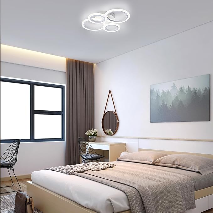 Vikaey Modern LED Flush Mount Ceiling Light, 4 Rings White Close to Ceiling Light Fixtures, Kitchen Lighting Fixture Ceiling Lamp for Bedroom, Living Room, Laundry Room, 4000K Not Dimmable