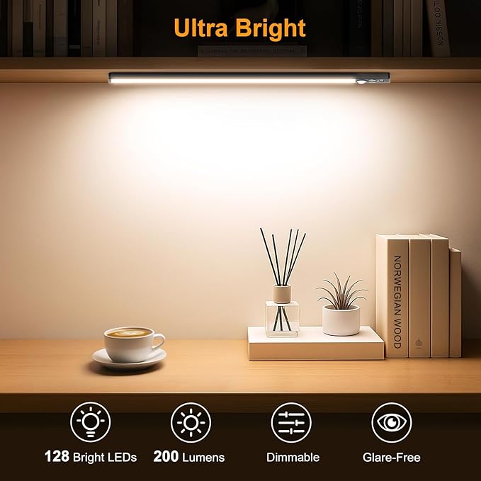 Gritin 14.7inch Under Cabinet Lighting Rechargeable 2 Pack- 3 Color Temps&5 Level Brightness, Super Bright, 4 Modes, Motion Sensor, Long Lasting - Easy Installation Magnetic Under Closet Lights-Black