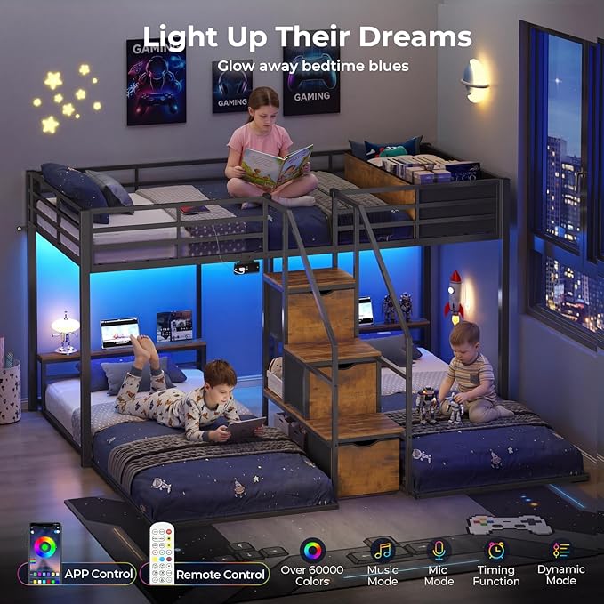 ADORNEVE Triple Bunk Bed with Storage Staircase, RGB Lights & Charging Station, Twin Over Twin, Heavy Duty Metal 3 Bunk Beds with Drawers & Headboard Shelf, Safety Guardrails, for Kids, Black