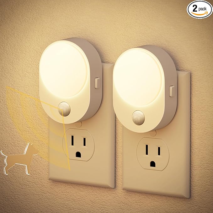JandCase LED Motion Sensor Night Light, 2 Pack, Motion Activated Sensor Night Lights Plug into Wall, 3000K Warm White, Dimmable Nightlight with Dusk to Dawn Sensor for Kids Bathroom Hallway Bedroom