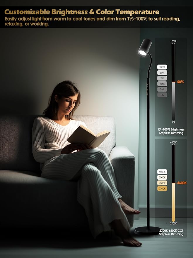 Reading Floor Lamp with Remote, 17W LED Dimmable Standing Lamp, Stepless Brightness & Color Temps, Reading Light & Mood Light, Adjustable Height Gooseneck, Corner Lamp Task lamp for Living Room Office
