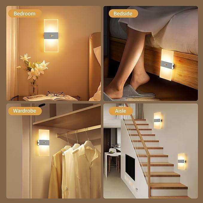 2pcs Motion Sensor Wall Sconces, Battery Operated Wall Sconce, Indoor Rechargeable USB Wall Light, Magnetic Wireless Warm White Energy Saving Wall Lamp for Hallway, Staircases, Living Room