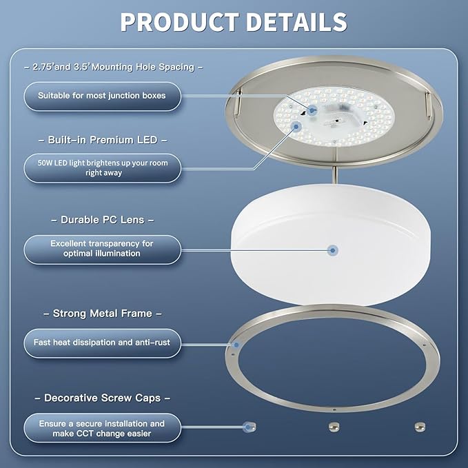 16Inch LED Ceiling Light Fixtures, Flush Mount Light Fixtures 50W, 5CCT Adjustable 2700K 3000K 4000K 5000K 6500K, Close to Ceiling Light for Kitchen Bathroom Kitchen Bedroom Brushed Nickel 2 Packs