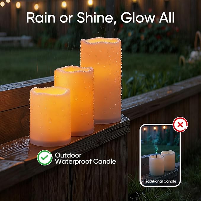 Raycare Outdoor Waterproof Flameless Candles-Auto Light Sensor Dusk to Dawn, Flickering LED Candle, Battery Operated Electric Fake Pillar Candle for Garden, Porch, Patio, Lantern Decor, (D3"xH4"5"6")