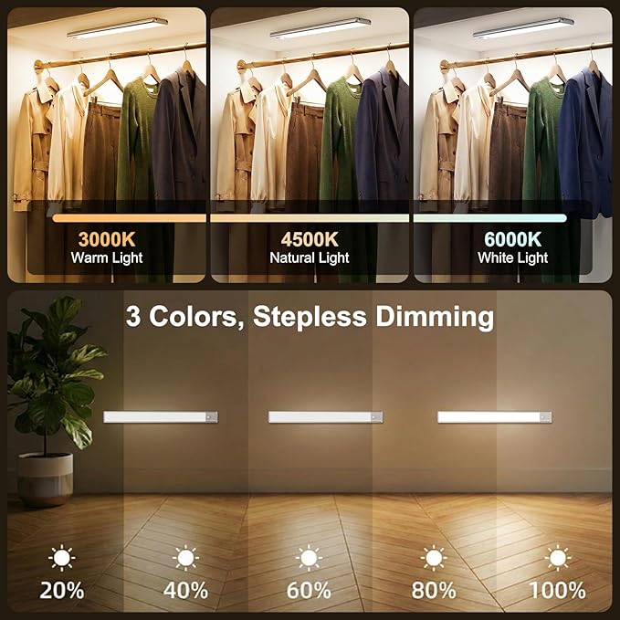 BLS 10inch Under Cabinet Lighting, 80 LED Motion Sensor Light Indoor, 1800mAh Rechargeable Wireless Closet Lights, 4 Sensor Modes, 3 Color Dimmable Magnetic Under Counter Lights for Kitchen, 2 Pack
