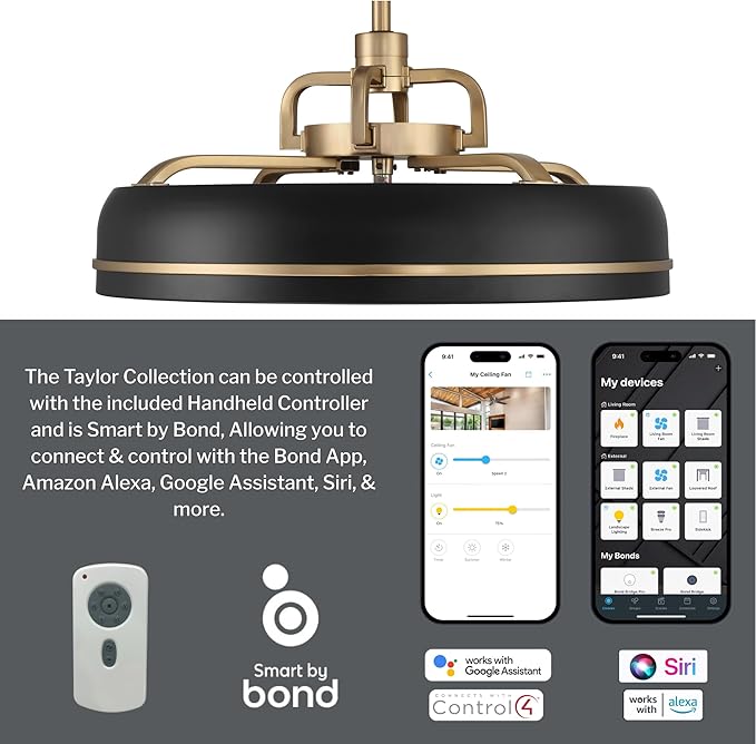Craftmade Taylor 20" Dual Mount Indoor/Outdoor Flat Black Finish Ceiling Fan, LED Light Kit, Remote Control Included, Smart WiFi Enabled with Voice Activation (Flat Black/Satin Brass)