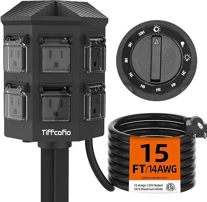 TiFFCOFiO Outdoor Power Strip Timer, Dusk to Dawn Light Sensor Countdown, 15 Feet Extension Cord Waterproof, 6 Grounded Outlets for Halloween and Christmas Decorations, ETL Listed
