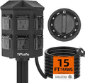 TiFFCOFiO Outdoor Power Strip Timer, Dusk to Dawn Light Sensor Countdown, 15 Feet Extension Cord Waterproof, 6 Grounded Outlets for Halloween and Christmas Decorations, ETL Listed