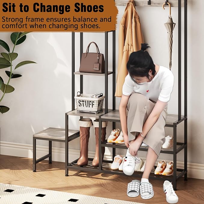Hall Tree with Shoe Storage Bench Coat Rack with 7 Hooks Interchangeable 4 Tier Side Storage Shelves Small Cute Side Bench Industrial 5-in-1 Entryway Coat Rack for Hallway Mudroom Bedroom