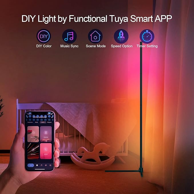 Generic RGB Corner Floor Lamp, Smart WiFi App Control, DIY Mode, Music Sync, Timer Setting, LED Corner Lamp for Bedroom, Living Room, TV, Game Room - Right Angle Base