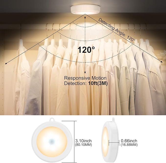 Mlambert 4 Pack Motion Sensor LED Night Light, Cordless Battery-Powered Stick-on Magnet Closet Lights, Safe Lighting for Stairs, Cabinet, Warm White