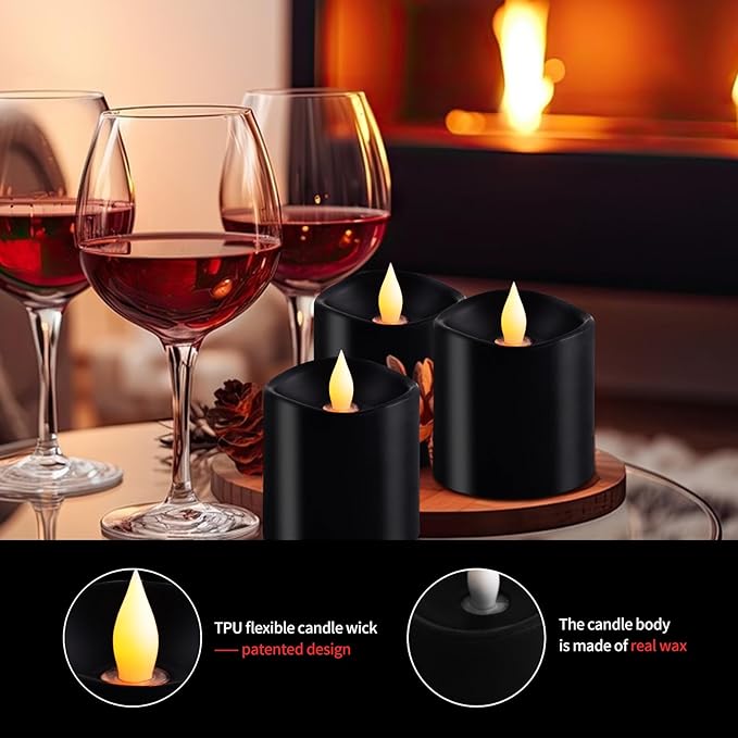 3x3 Flickering Flameless Candles Set of 3, 2AA Battery Life 600 Hours Battery Candles Flickering with Timer, 3 inch Flameless Candles with Remote for Indoor/Outdoor, Black