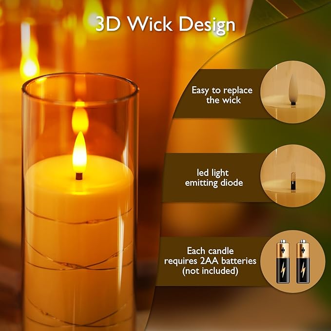 Raycare Flameless Candle with Remote Timer – 9 Flickering Acrylic Battery Operated LED Pillar Candles with Embedded Star String for Christmas, Home Decor, and as a Gift(Glod)