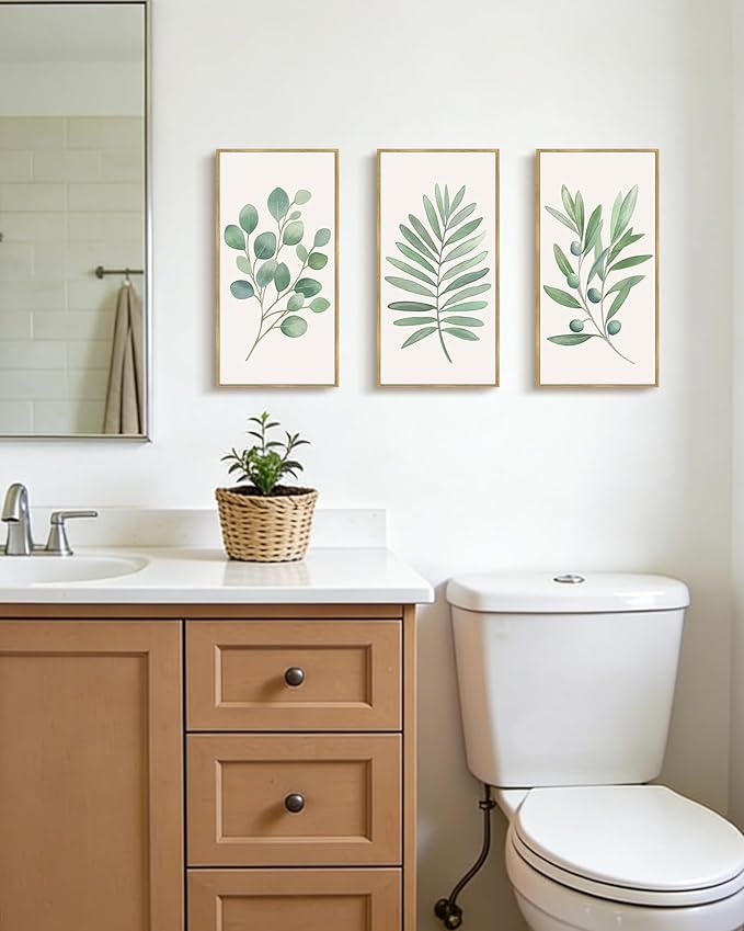 KUVIOKE Botanical Plant Wall Art Sage Eucalyptus Light Green Leaf Framed Wall Decor for Bedroom Living Room Bathroom Home Office Ready to Hang 8x10in3pcs Natural Framed
