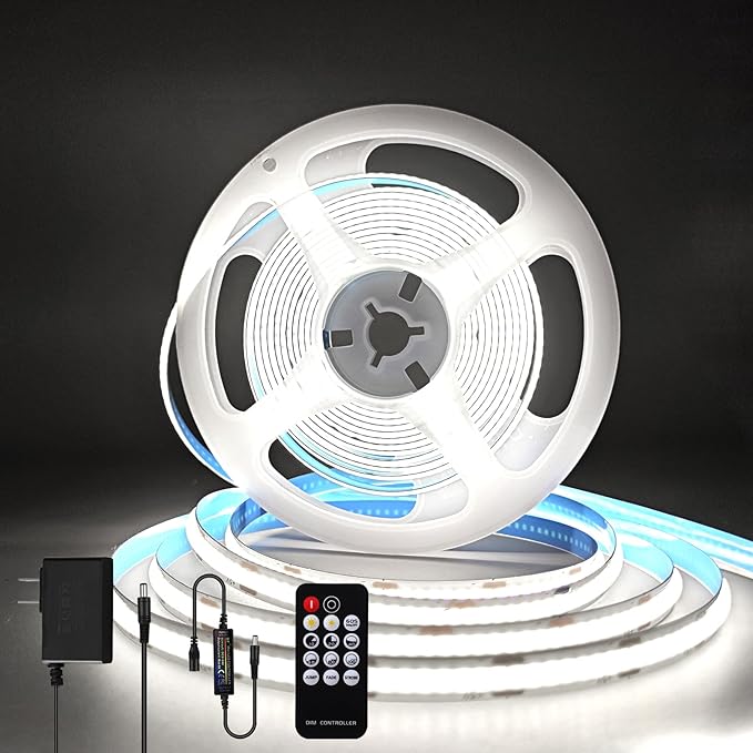 COB LED Strip Light 24V, 16.4ft White LED Light Strip with Remote, High Density Flexible White Tape Lights, CRI90+ LED Lighting for Backlighting for TV, Bedroom, Cabinet, Indoor Decor