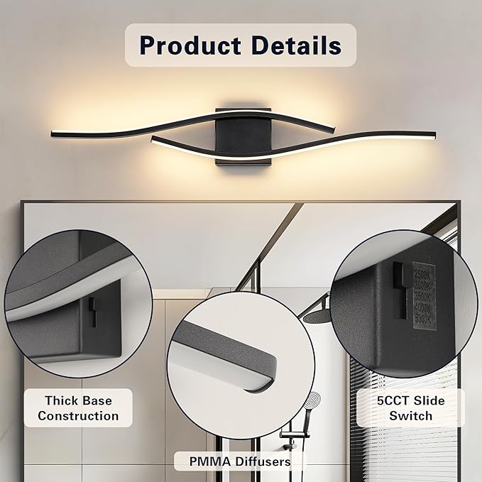 Joossnwell Bathroom Vanity Light Modern Bathroom Lighting Fixture Over Mirror 31.5 Inch Black Vanity Light Bar Dimmable 5CCT Vanity Lights Led Bath Wall Lamp