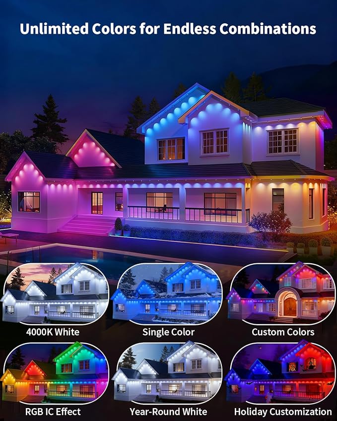 Permanent Outdoor Lights for House,100FT RGB IC Smart Permanent Eave Lighting with App/Remote Control,IP67 Waterproof,Music Sync,DIY Color Scenes,Year-Round Eaves Lighting for House Roof Decor