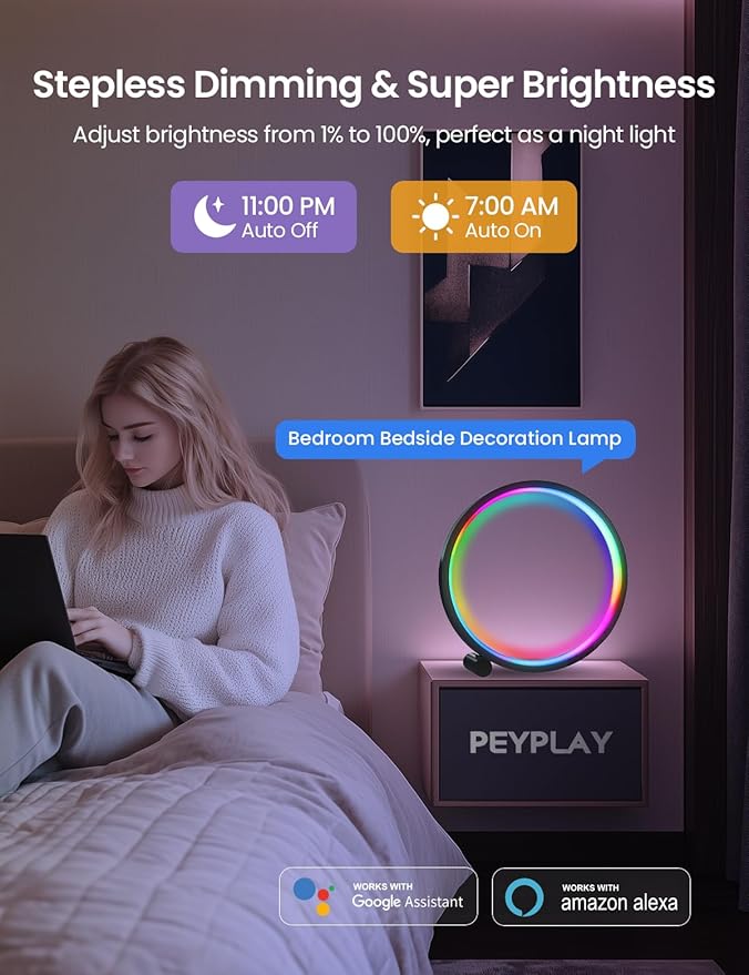 Smart LED Table Lamp, RGB+IC Lighting, Color Changing Night Light, Music Sync, DIY Mode, Stepless Dimming, App & Voice Control (2.4GHz WiFi), Works with Alexa & Google, for Bedroom & Gaming