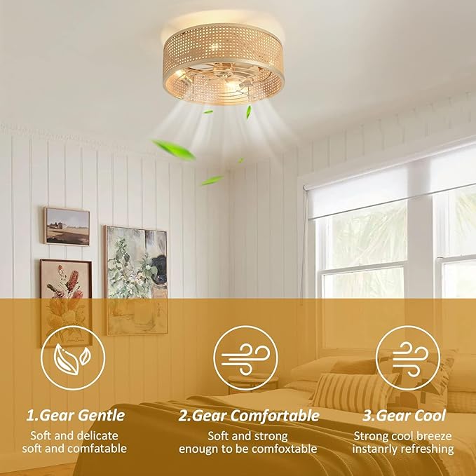 Boho Caged Ceiling Fan with Light, 20'' Rattan Flush Mount Ceiling Fan with Light and Remote Control for Bedroom Kitchen Living Room