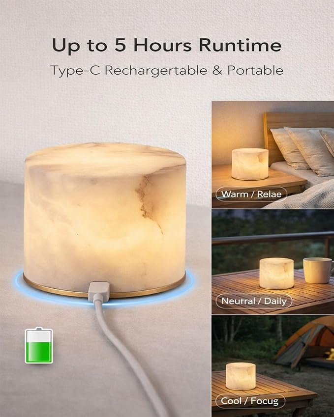 Marble Lamp Night Light Touch Bedside Table Lamp Type C Rechargeable Dimmable LED Ambient Light for Bedroom Desk Nightstand Portable Eye Caring Soft Warm Glow Modern Luxury Decor Small